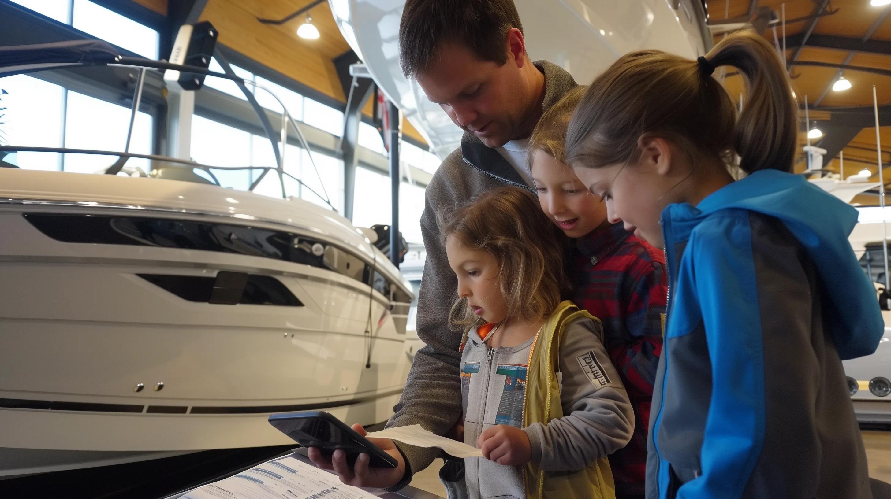 Family looking at a phone and buying a boat Marine Trade