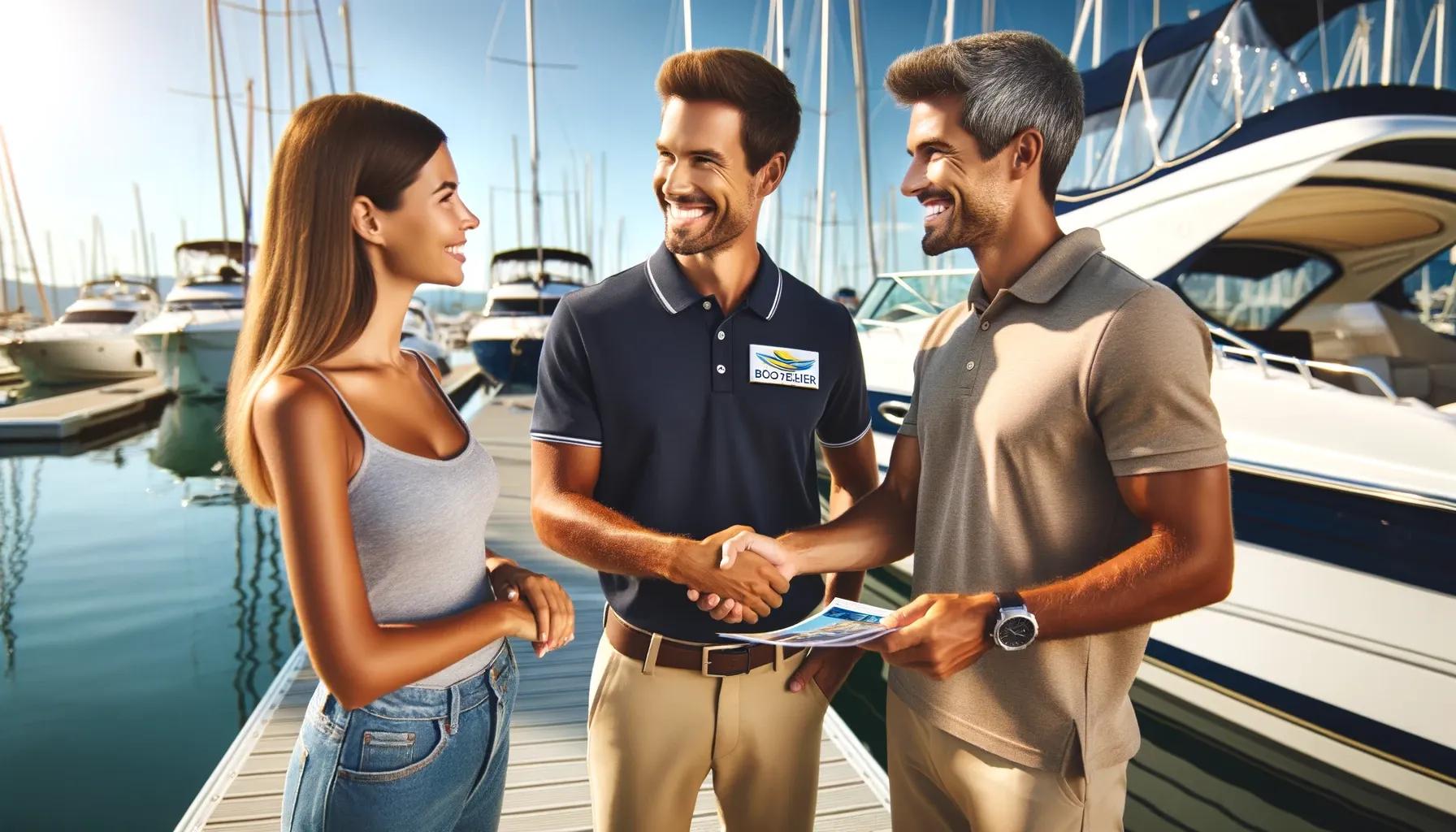 A satisfied boat dealer standing on a dock, interacting with clients. The dealer is wearing a polo shirt with a company logo and khaki pants, smiling